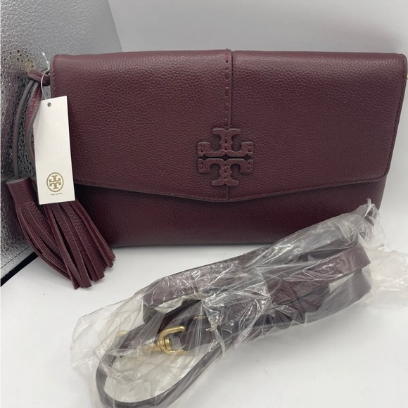 Tory Burch McGraw Front Flap Tassels Pebbled Leather CrossBody Bag